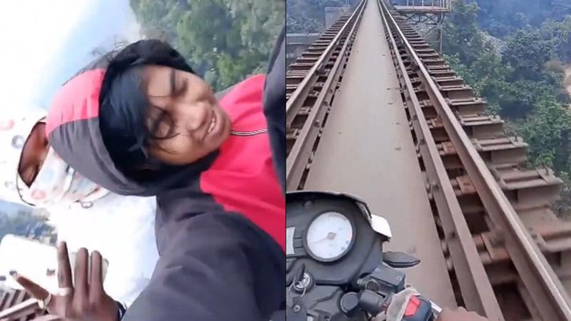 Viral Video: Jharkhand Rider's Reckless Stunt on Railway Track