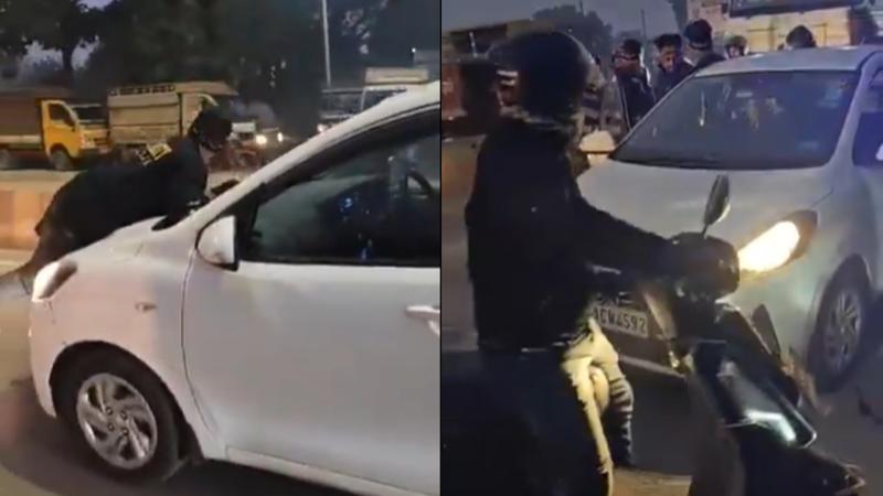 Viral Video Man Hangs On Car Bonnet in Moradabad