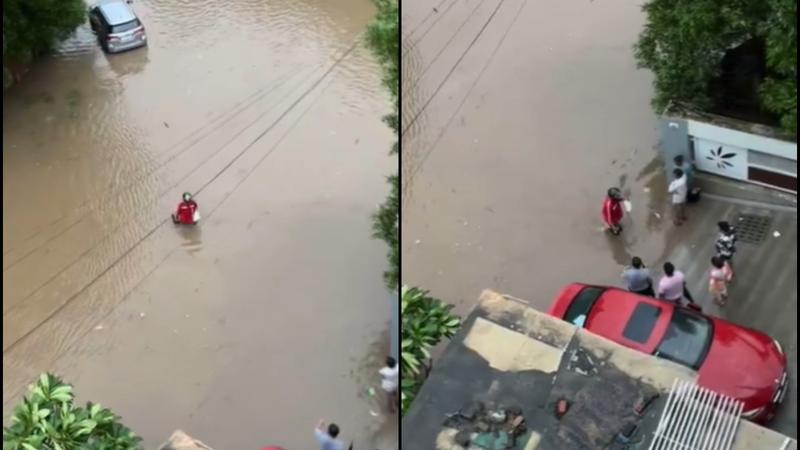 Viral Video: Zomato Hero Braves Flooded Streets in Ahmedabad to Deliver Order Amid Heavy Downpour