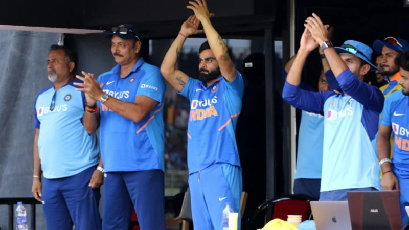 Virat Kohli and Ravi Shastri during IND vs WI in 2019