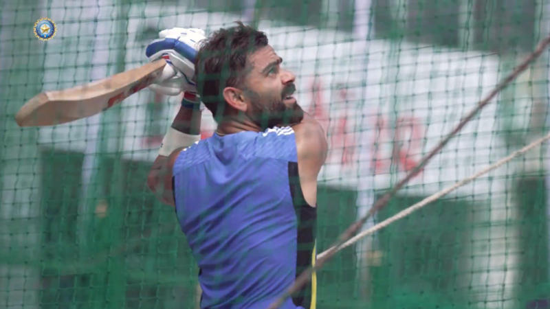 Virat Kohli practices in the nets