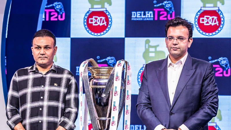 Virender Sehwag and DDC president Rohan Jaitley present Delhi Premier League trophy