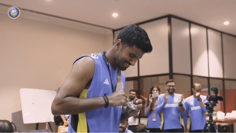 Washington Sundar receives the Impact Fielder of the Series medal