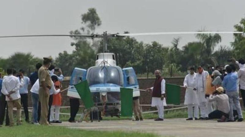 Targeted spraying of chemicals in Jaisalmer by Bell helicopter