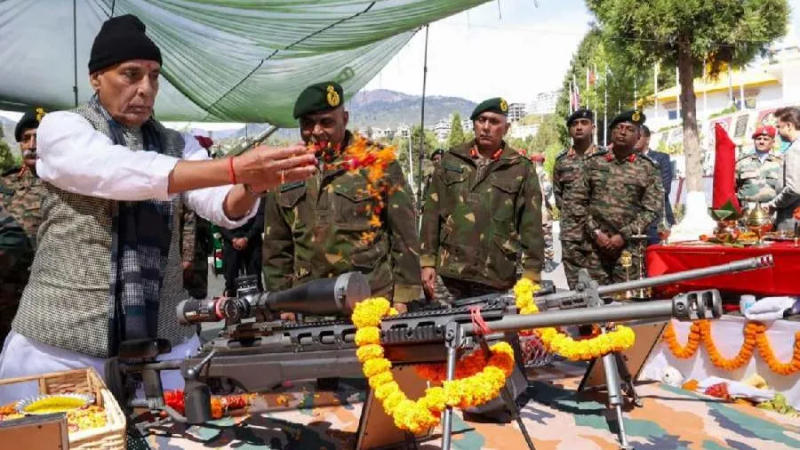 Defence Minister Rajnath Singh performed 'Shastra Puja' during one of his visits to a forward post in Arunachal Pradesh.