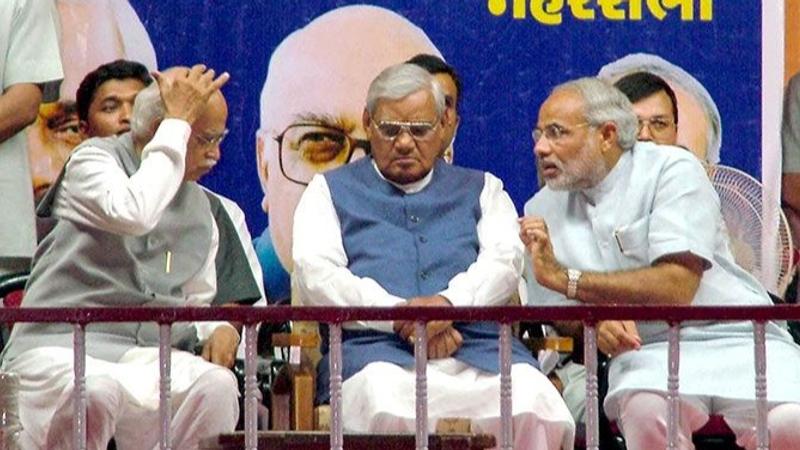 Narendra Modi with Atal Vihari Vajpayee and LK Advani during an election campaign 