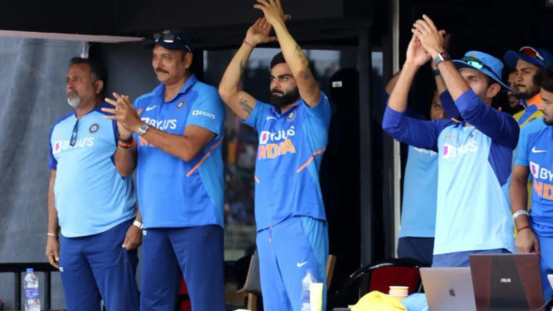 Bharat Arun, Ravi Shastri and Virat Kohli celebrate