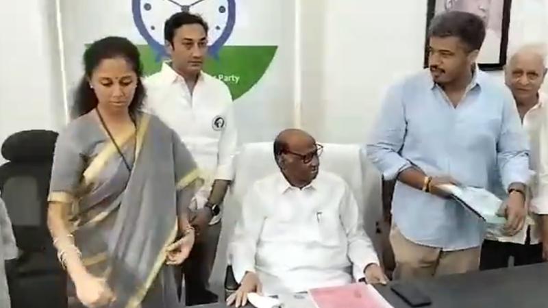 Rohit Pawar meets Sharad Pawar and Supriya Sule at NCP Office in Mumbai before appearing before the ED