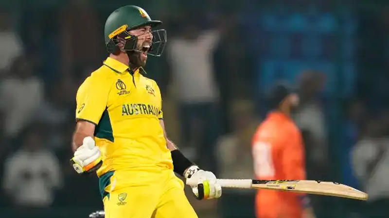 Glenn Maxwell celebrates his ton against Netherlands