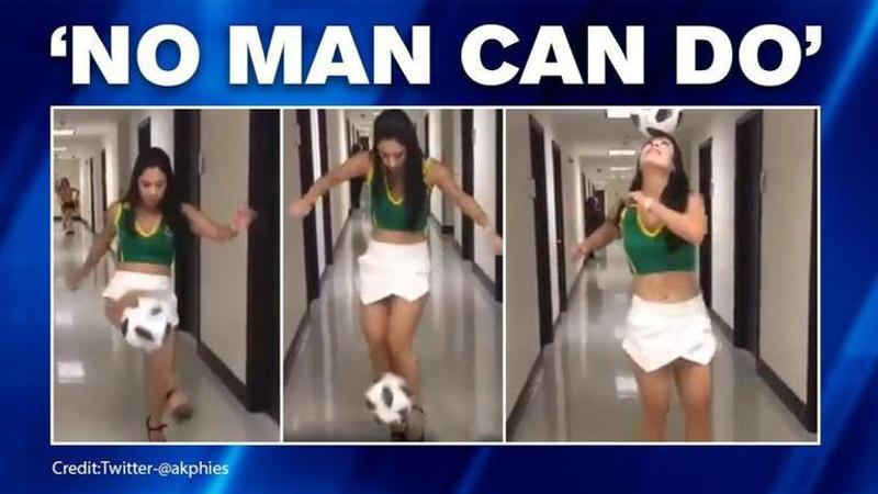 Video: Woman juggling football in high heels leaves netizens stunned