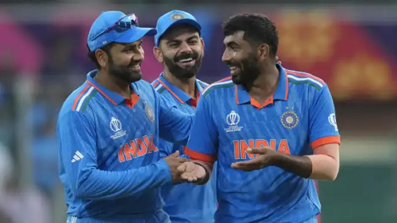 Virat Kohli, Rohit Sharma and Jasprit Bumrah during CWC 2023