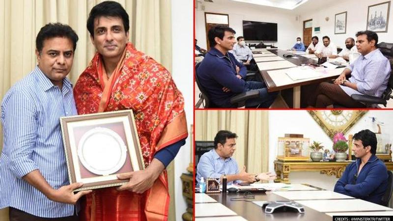 Sonu Sood, KT Rama Rao, Sonu Sood meets KT Rama Rao in Hyderabad, Sonu Sood felicitated