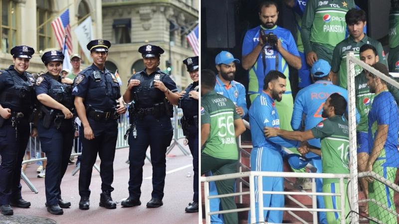 NYPD officers on the left, India-Pakistan team on the right