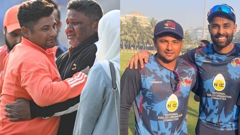 Sarfaraz Khan with his father after receiving debut Test cap