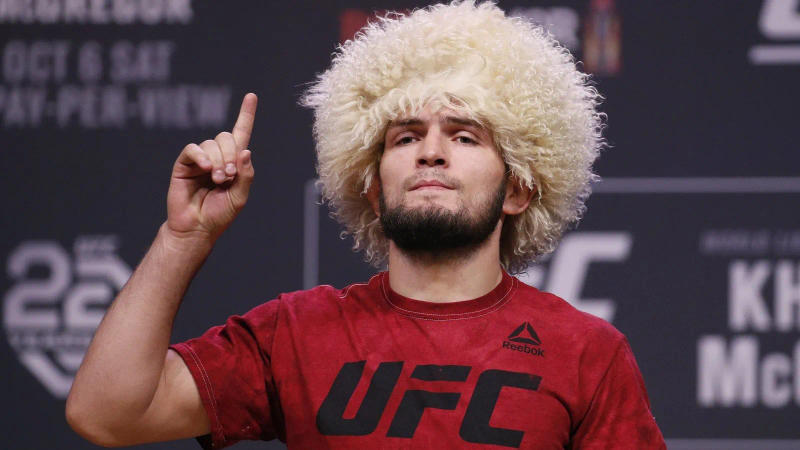 Khabib Nurmagomedov poses during a ceremonial weigh-in for the UFC 229 mixed martial arts fight, in Las Vegas, Nevada, U.S., Oct. 5, 2018.
