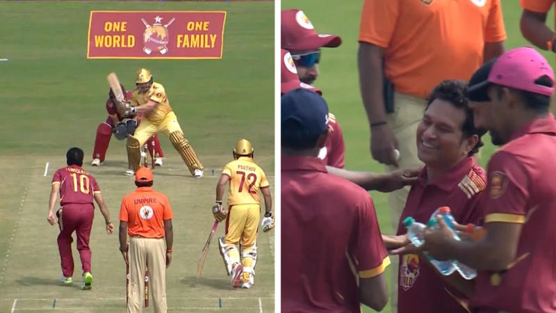 Sachin Tendulkar bowls in a match