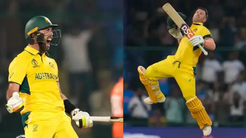 Glenn Maxwell and David Warner celebrate their respective tons against Netherlands