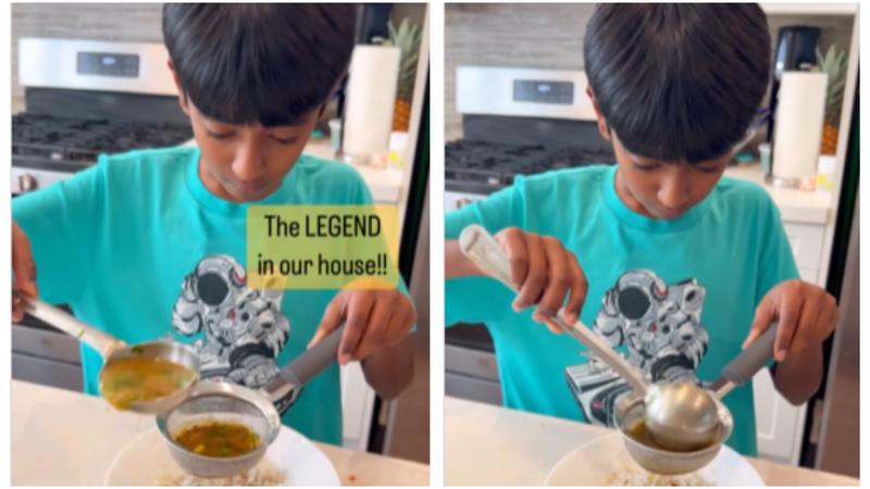 Kid Strains Tomatoes And Tadka From Rasam In A Unique Way