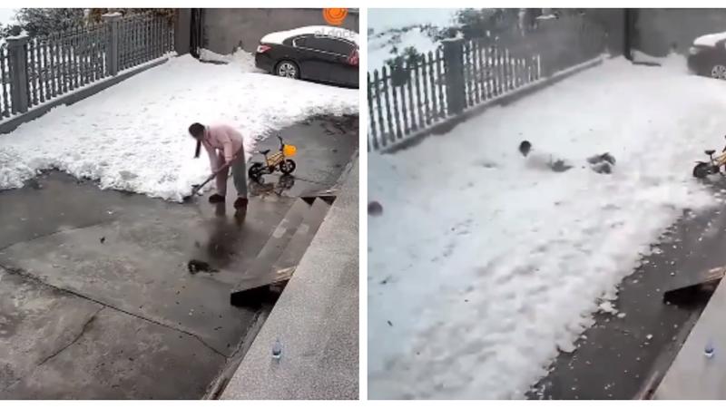 Woman Removing Snow Got Stuck In Snow