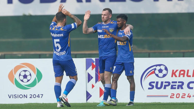 Chennaiyin FC's Connor Shields (C) celebrates scoring a goal