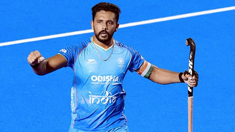 Harmanpreet Singh reacts after scoring a goal