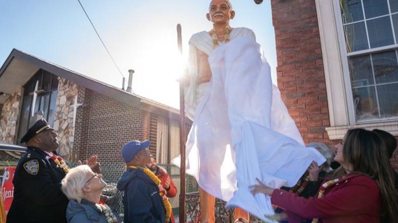 New Mahatma Gandhi statue unveiled outside us temple after 2022 vandalism