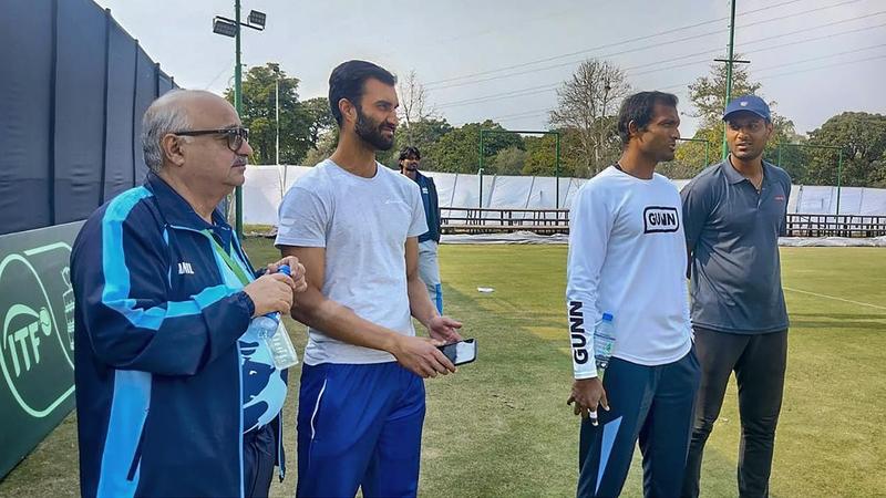 Indian team at Islamabad Sports Complex ahead of the Davis Cup 2024 tie against Pakistan, in Islamabad.