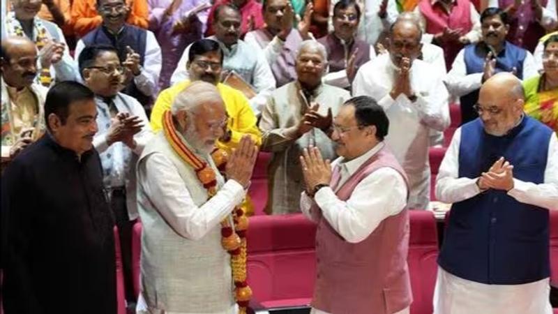 Prime Minister Narendra Modi, BJP president J P Nadda, Union home minister Amit Shah and Union minister Nitin Gadkari at the BJP Parliamentary Party 