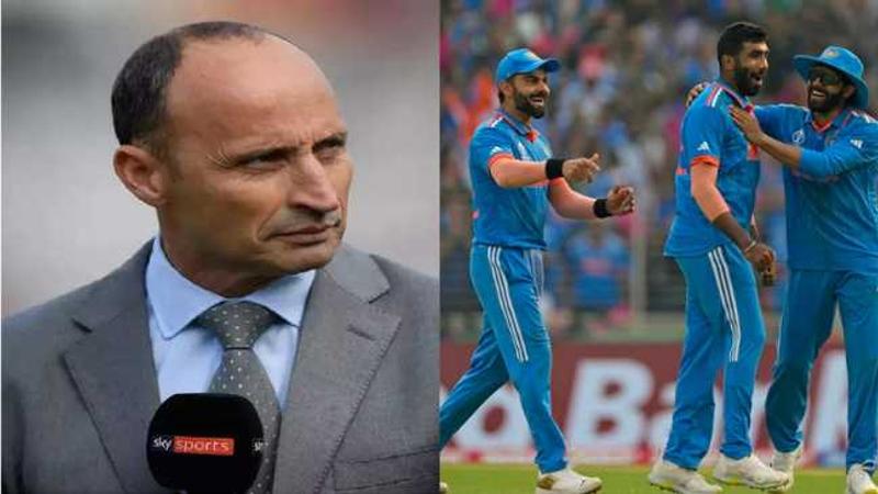 Former English captain Nasser Hussain and Indian team players celebrate after a wicket 