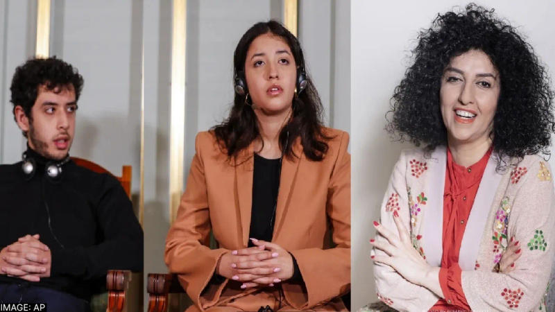  Ali, left, and Kiana Rahmani the children of this year’s Nobel Peace Prize winner Narges Mohammadi attend a press conference at the Nobel Institute in Oslo 