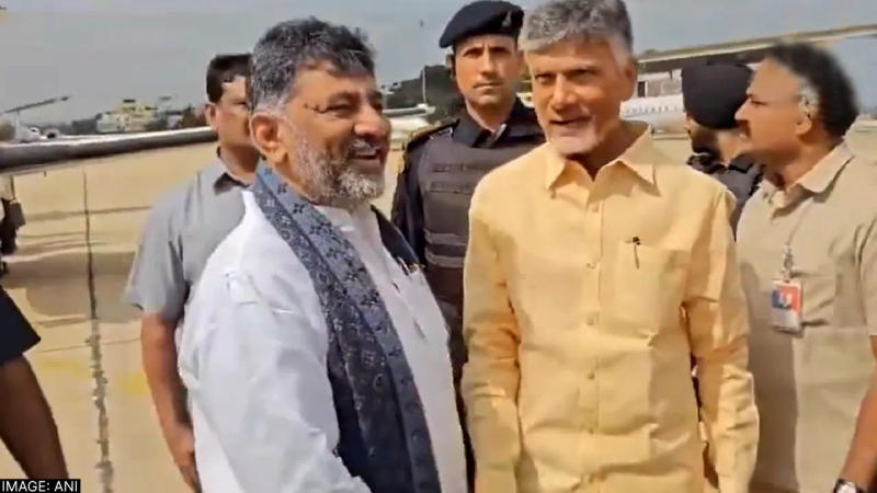 Karnataka Deputy CM DK Shivakumar meets TDP Chief N Chandrababu Naidu at Bengaluru's HAL airport. 