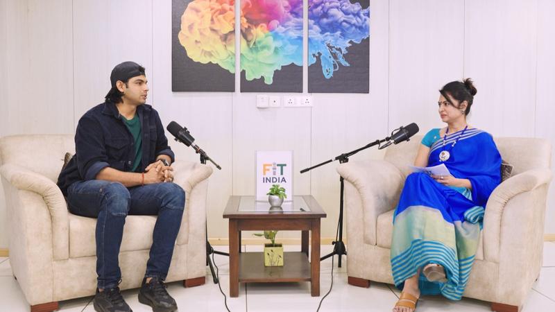 World and Olympic javelin champion Neeraj Chopra at the Fit India Champions podcast with SAI’s Deputy Director General and host Ekta Vishnoi. 