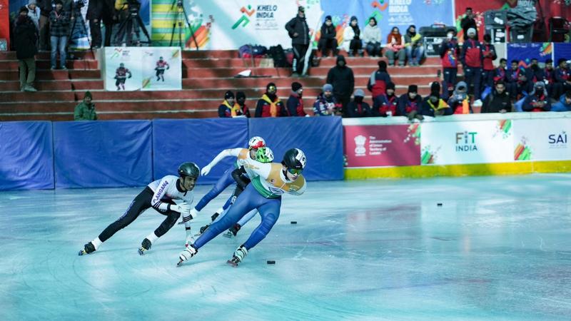 Action during the Under-17 Boys Short Track (300 Mts) Speed Ice Skating at NDS Stadium in Leh on Friday.