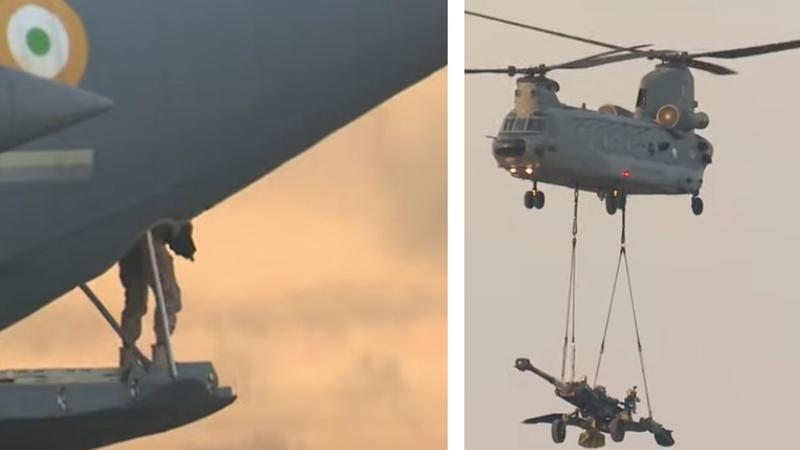 The IAF Chinook helicopters demonstrated their rapid deployment capabilities by airlifting Ultra-Light Howitzers for the quick destruction of ground targets. 