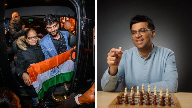 Viswanathan Anand celebrates Gukesh's win