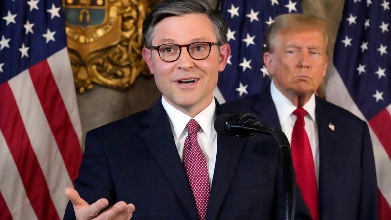 Speaker of the House Mike Johnson speaking at a press conference in Donald Trump's Mar-a-Lago resort. 