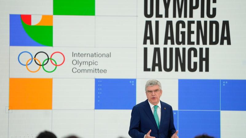 IOC President Thomas Bach speaking at the launch of the Olympic AI Agenda. 