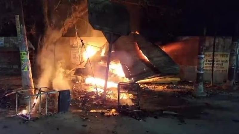 A structure set on fire by angry people after the death of two boys in Budaun on Tuesday night