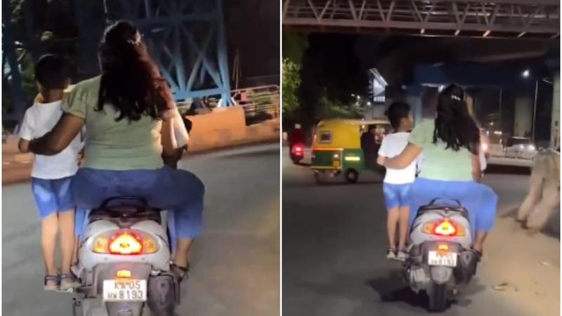 Bengaluru couple made child to stand on footrest of moving scooter.
