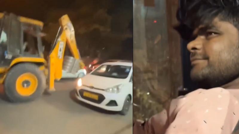 Driver sleeping inside JCB in the middle of busy road, video viral
