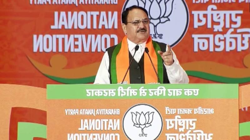 BJP National President JP Nadda speaking at the party's convention being held at the Bharat Mandapam. 