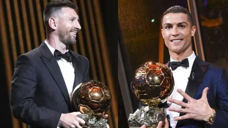 Lionel Messi and Cristiano Ronaldo with their Ballon d'Ors