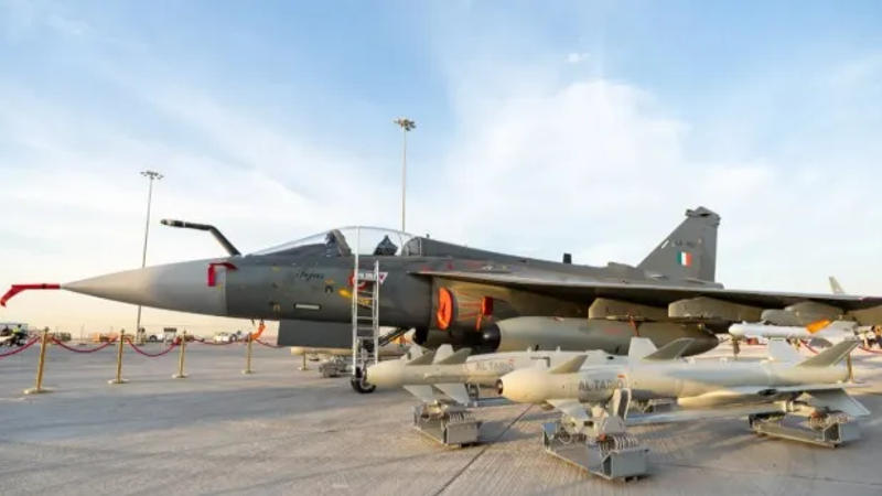 HAL Tejas showcased in a static display featuring the integration of Al Tariq LR-PGMs during the Dubai Airshow 2023.