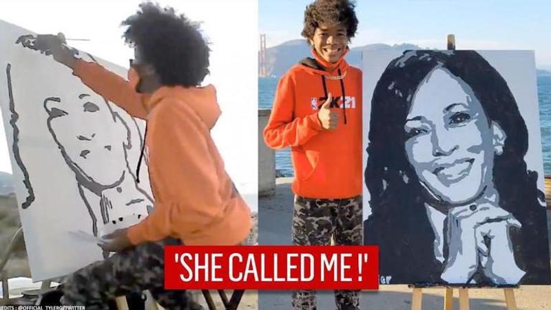 Kamala Harris calls teen who painted her portrait on Thanksgiving | Watch