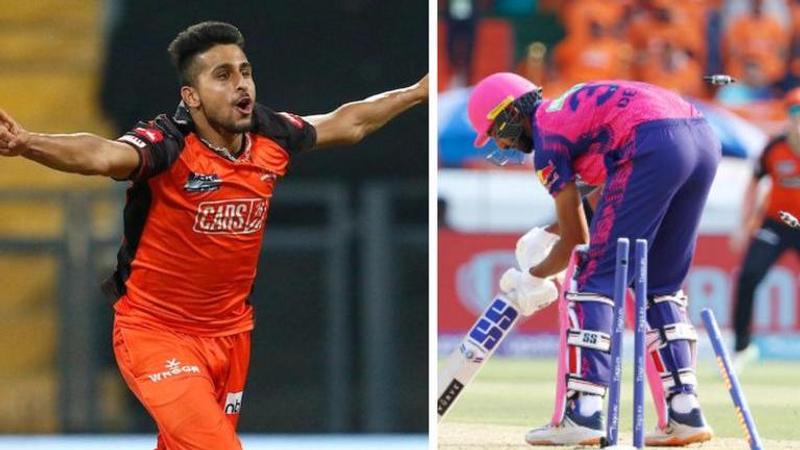 Umran Malik celebrates in an IPL game