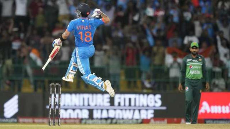 Virat Kohli punches the air in delight after a ton against Pakistan in the 2023 Asia Cup