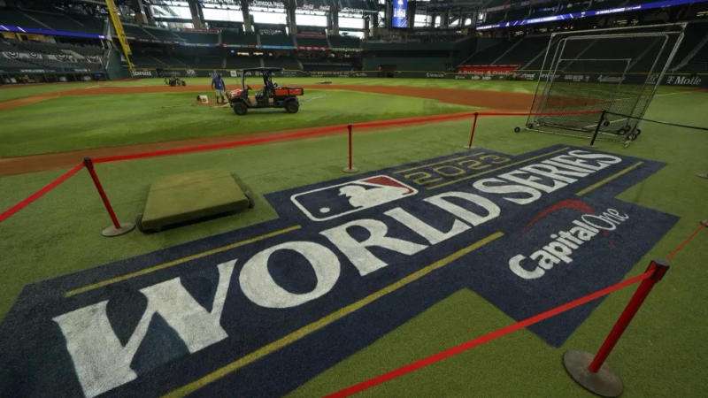 Signage is seen near the infield at Globe Life Field ahead of the World Series between the Texas Rangers and the Arizona Diamondbacks, Wednesday, Oct. 25, 2023, in Arlington, Texas. 