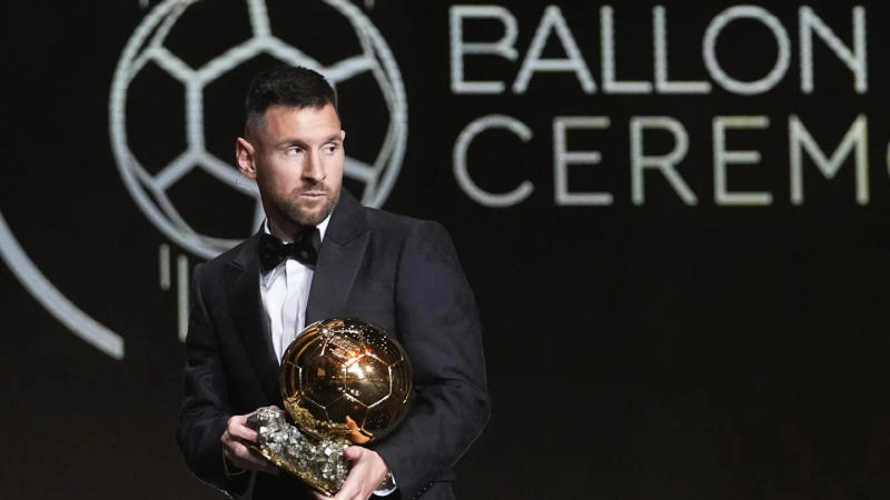 Lionel Messi  with the Ballon d'Or award in Paris, France