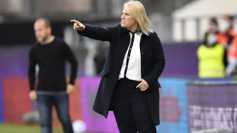 Chelsea’s coach Emma Hayes directs her team during the UEFA Women’s Champions League final soccer match between Chelsea FC and FC Barcelona