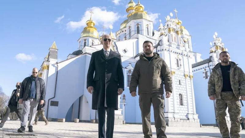 US President Joe Biden walks with Ukrainian President Volodymyr Zelenskyy at St. Michael's Golden-Domed Cathedral, February 20, 2023